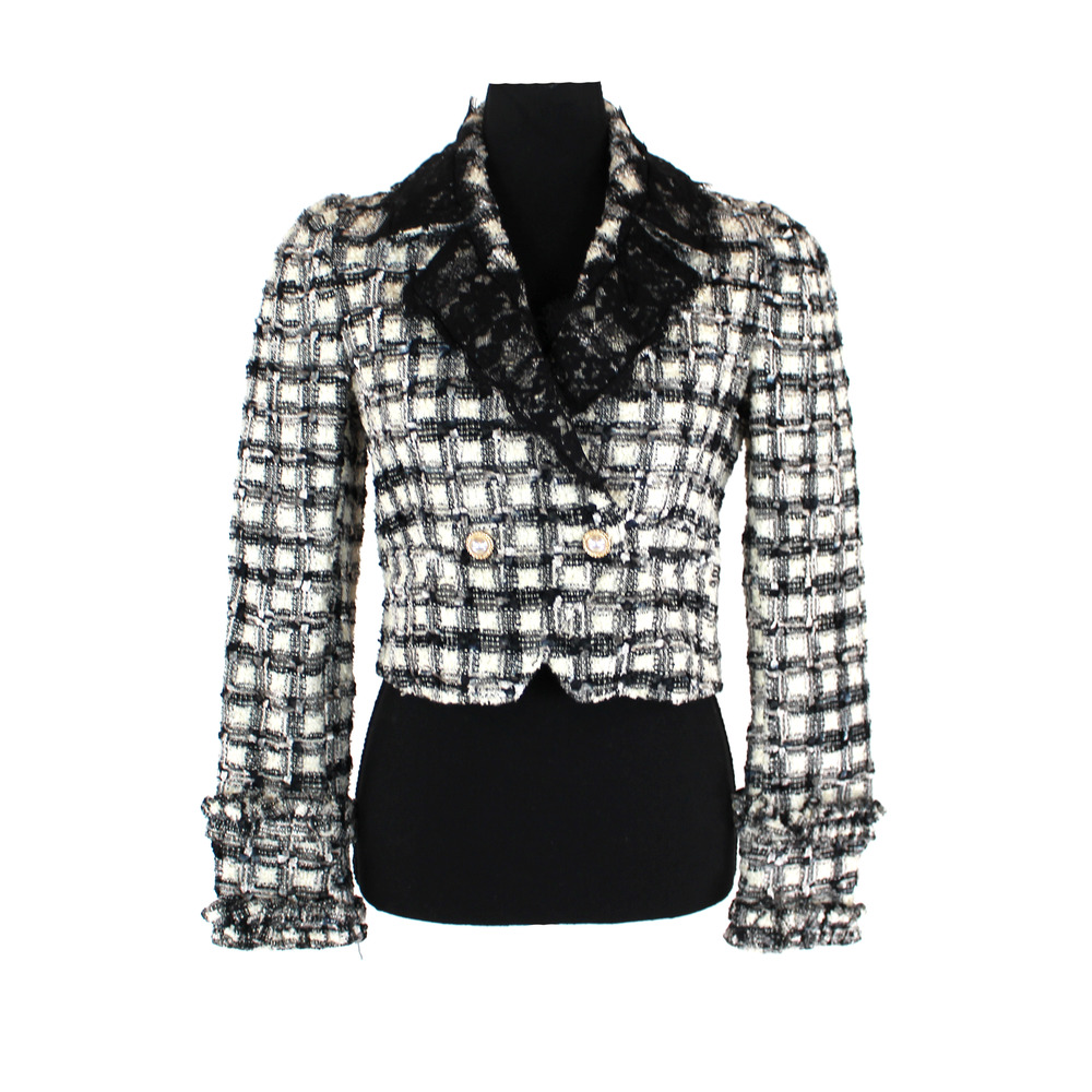 LoveShackFancy Lace Black Plaid Patrick Blazer 2 NEW Cropped Ivory Tweed Jacket - Picture 2 of 9